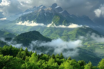 Majestic mountains surrounded by lush greenery and mist capturing the essence of nature in a serene landscape at dawn