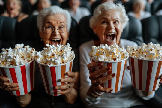 Two joyful seniors enjoying popcorn together in a cinema while watching a movie during a fun outing with friends - Powered by Adobe