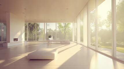 An ultra-modern living area with minimalist decor and large windows showcasing a peaceful view of nature outside.