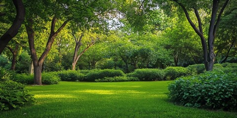 Obraz premium A lush green forest scene with trees, plants, and bushes. The vibrant colors of nature create a beautiful and realistic background.