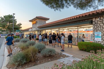 People waiting in line outside a retail store during sunset in a suburban shopping plaza