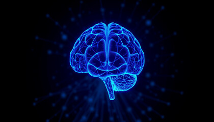 Digital glowing brain illustration, symbolizing innovation, intelligence, and futuristic technology