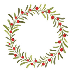Obraz premium Christmas wreath with red berries on green leaves isolated on white background. Vector illustration christmas and new year garland.
