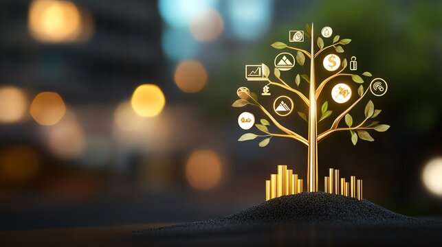 Abstract tree with gold as the trunk and branches of various asset icons, representing the balanced and stable foundation gold provides for longterm growth