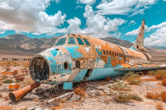 Abandoned airplane in a desert landscape under a bright sky surrounded by mountains on a sunny afternoon