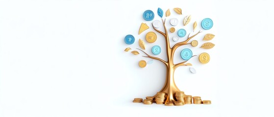 Financial tree illustration with gold bars as roots and various asset icons on branches, representing a foundational role for gold in longterm diversification