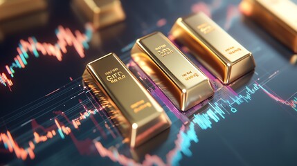 Futuristic scene of gold bars connected to digital screens showing longterm financial charts, representing modern diversification with gold