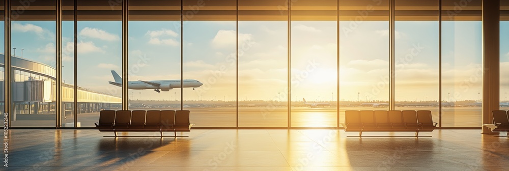 Poster empty airport terminal at sunset with a passenger jet landing in the background. the sun is setting 