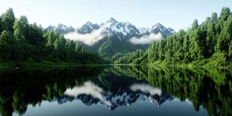 Fototapeta premium Serene Mountain Lake Reflection with Foggy Peaks at Dawn