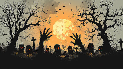 
Mãos de zumbi saindo de sepulturas em uma silhueta de cemitério