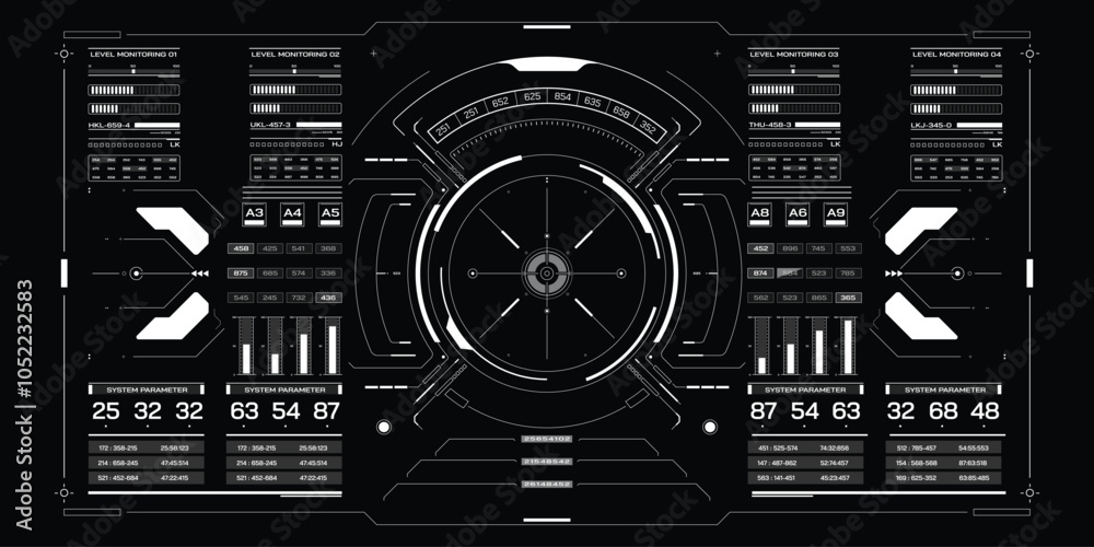 Poster Technology futuristic system of HUD monitoring screen interface element. UI, GUI, drone, VR, game display template vector.