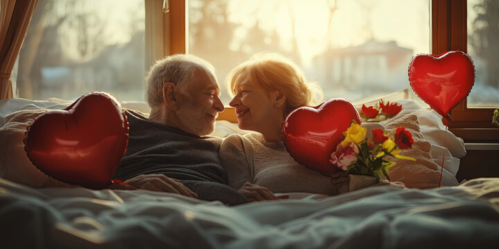 Senior couple lying in bed with red heart shaped balloons and flowers on a Valentine day.