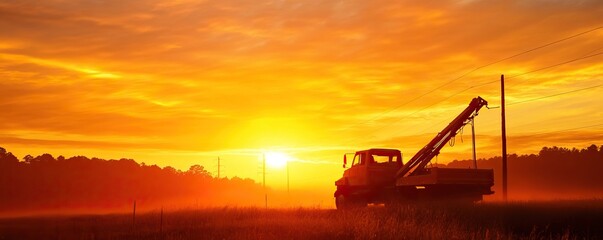 A stunning sunset with silhouettes of machinery against a vibrant sky, casting a beautiful glow over the landscape.