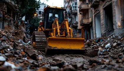 Fototapeta premium A construction vehicle navigates through debris on a narrow street, showcasing heavy machinery in an urban environment.