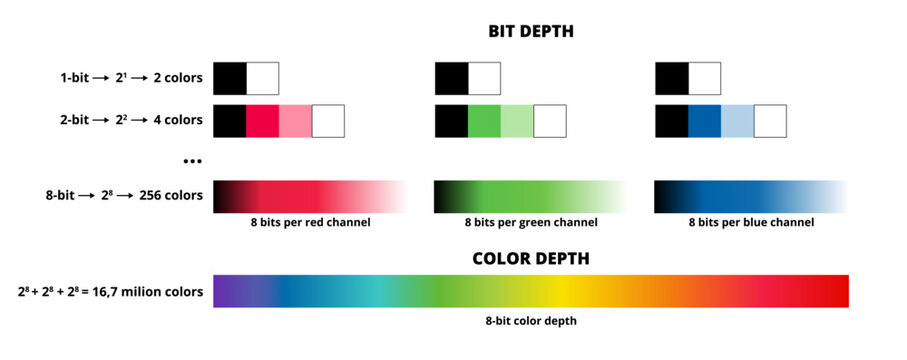 Vector infographics of bit and color depth. The maximum number of colors that can be displayed is 8 bits per channel, 24 bits per rgb image. 256 colors per channel, over 16 million colors in total.