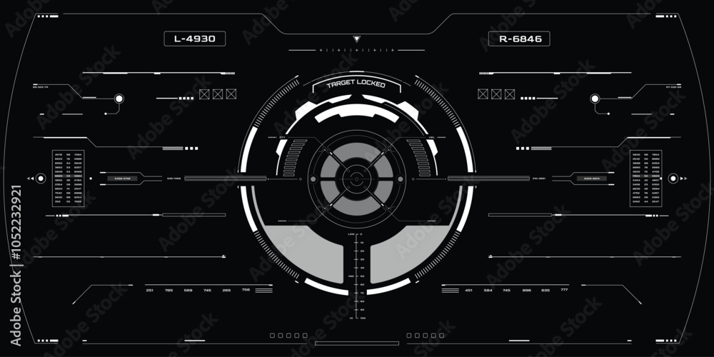 Poster HUD Futuristic Elements Automatic Target Scan User Screen Interface Vector. White Abstract Scifi Control Monitor Panel illustration