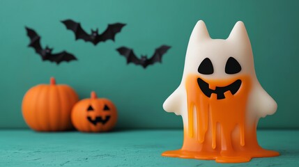 A playful Halloween scene featuring a melting ghost with orange ooze, surrounded by two grinning pumpkins and flying bats against a teal background.
