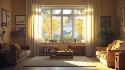 Fototapeta premium A serene living room space with soft furniture and rugs centered around a large window with a beautiful autumn view.