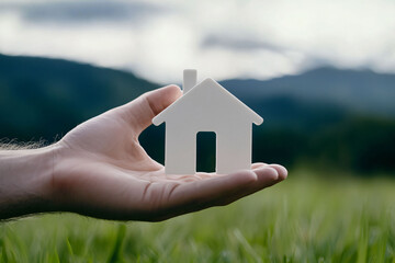 hand holding small white house model symbolizes home and security