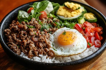 Homemade Basil Minced Pork with Fragrant Rice and Sunny-Side-Up Egg