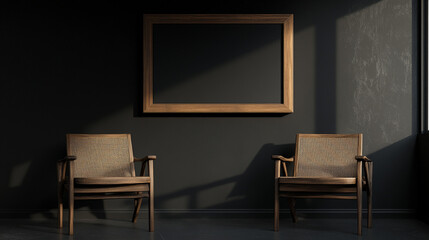 A white chair sits in front of a large black framed white picture. The room is dimly lit, Centered and Neutral Ambience, 