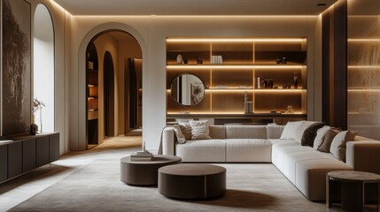 A sophisticated living room featuring warm ambient lighting, modern furnishings, and elegant architectural details.