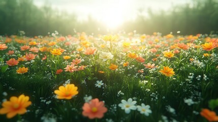 Fototapeta premium lush green spring meadow featuring a vibrant array of spring flowers against a bright white background, encapsulating the beauty of nature in bloom and the essence of renewal