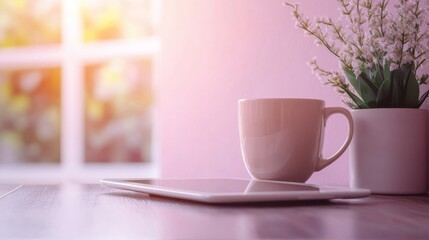 Morning light on coffee mug and tablet beside flower vase on wooden table.