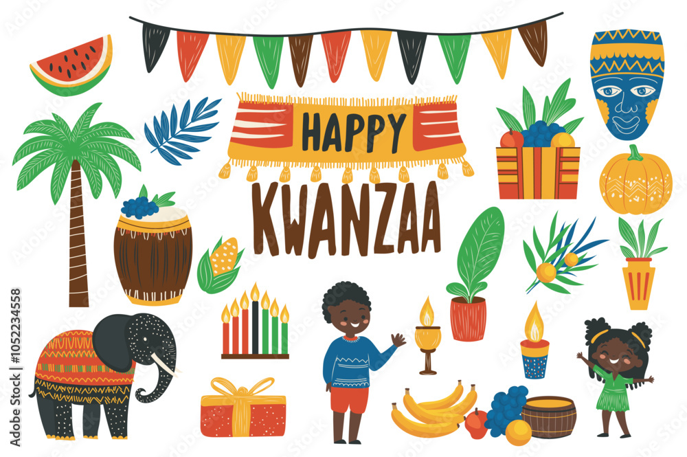 Poster kwanzaa holiday festival mega set elements in flat graphic design. collection objects of tree palm, 