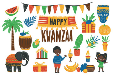 Kwanzaa holiday festival mega set elements in flat graphic design. Collection objects of tree palm, african boy and girl, elephant, drum, tribal mask, candle, gift, fruits, other. Vector illustration.