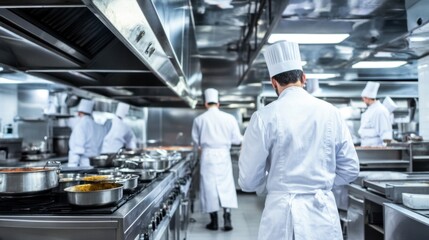 In a bustling restaurant kitchen, several chefs in white uniforms prepare dishes efficiently while managing multiple tasks on a large stove and workstation
