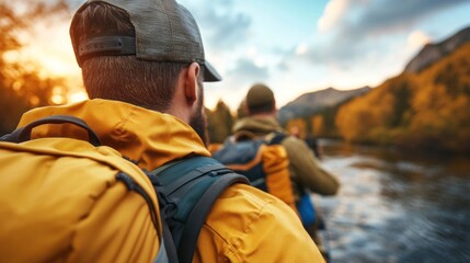 Group of hikers in raincoats crosses a mountain river, demonstrating survival skills in harsh conditions