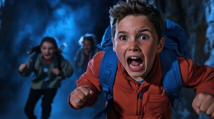 Group of kids running from a haunted house, representing the thrill and fear of Halloween attractions