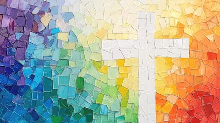 A colorful cross mosaic on a blank white wall, representing artistic expression of faith.