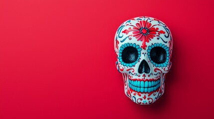 A colorful skull, adorned with intricate designs and blue accents, contrasts sharply against a vibrant red background, symbolizing cultural significance and artistry.