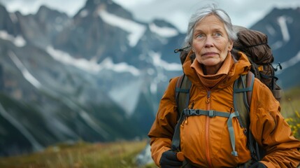 Naklejka premium Senior Woman Hiking in Majestic Mountain Landscape