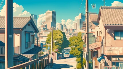 イラスト調の日本の昭和時代の風景画像