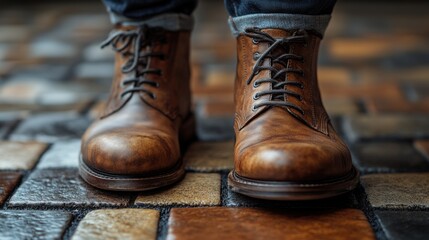 Brown leather boots are prominently featured, resting on a cobblestone pathway filled with varying shades of earthy tones, suggesting a casual outdoor setting