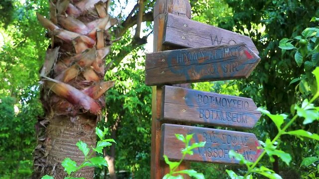 Directional sign sign signpost in city park Nationalgarten Athens Greece.