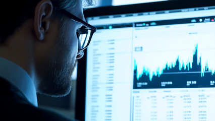 Close-up of stock market data on a computer screen, a financial graphic showing rising and falling prices with graphs and charts. A professional business person in glasses is looking at the display.