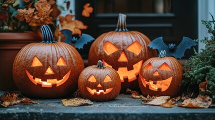 Fototapeta premium Pumpkins carved into jack-o-lanterns glowing on a porch, symbolizing the spooky and festive atmosphere of Halloween