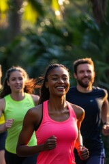 A group of diverse people jogging together in a beautiful park during sunrise, wearing colorful sportswear,