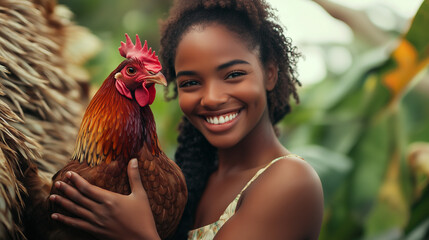 Uma mulher negra sorrindo segurando uma galinha em uma fazenda durante o dia, luz natural