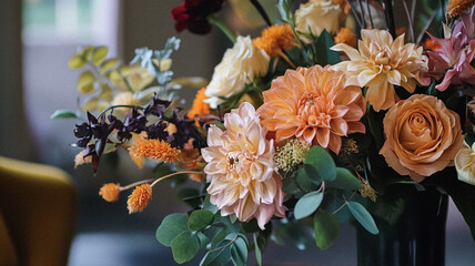 Beautiful autumn flowers bouquet, autumnal botanical home decor and floral arrangement, English countryside style and florist design for floral shop, flower arranging workshop or classes idea