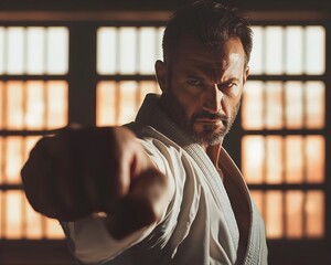 Businessman Practicing Martial Arts in Dojo with Discipline and Physical Fitness Concept