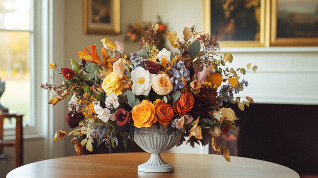 Beautiful autumn flowers bouquet, autumnal botanical home decor and floral arrangement, English countryside style and florist design for floral shop, flower arranging workshop or classes idea