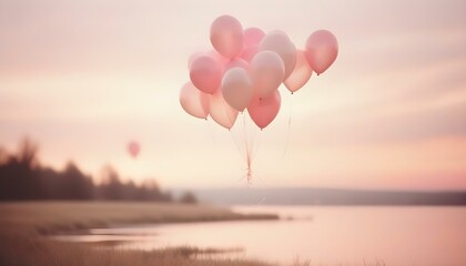 Obraz premium A bunch of pink balloons flying against a lake and nature. AI generated
