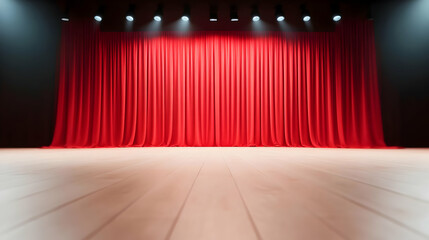 A vibrant red curtain in a theater, well-lit stage ready for a performance.