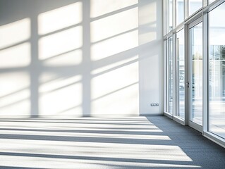 Obraz premium Sunlight streams through large windows in a modern office space.