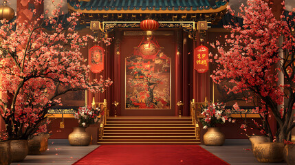 A red and gold building with a red carpet leading to it